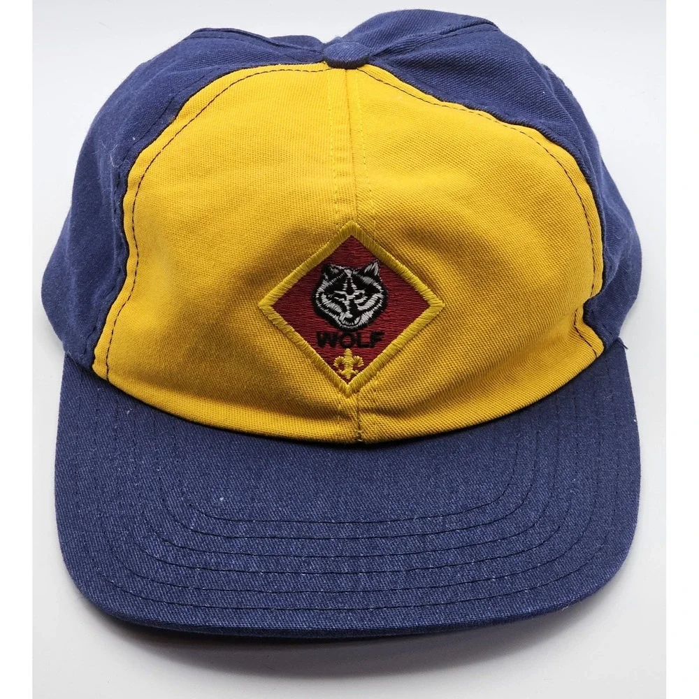 Vintage Cub Scouts Wolf Hat Snapback Youth Made In USA Boy Scout Blue‎ Yellow